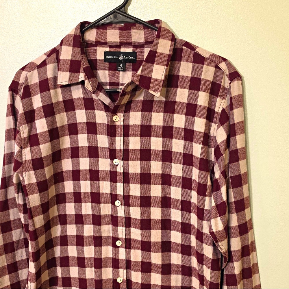Beverly Hills Polo Club Men's Flannel LS Button-Up Shirt M Burgundy/White #286